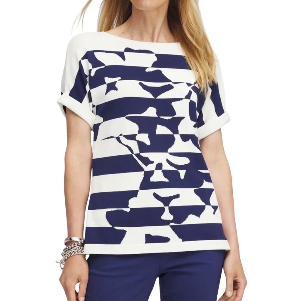 Chico’s Navy Ivory Coastal Stripe Floral Knit Top Relaxed Nautical Medium